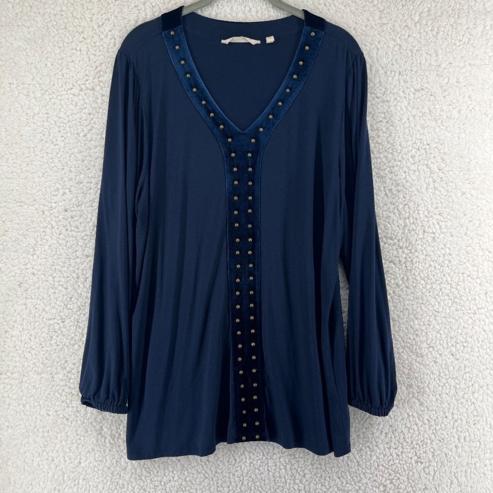 Soft Surroundings Navy Velvet Trim Studded V-Neck Tunic Top Womens L Long Sleeve